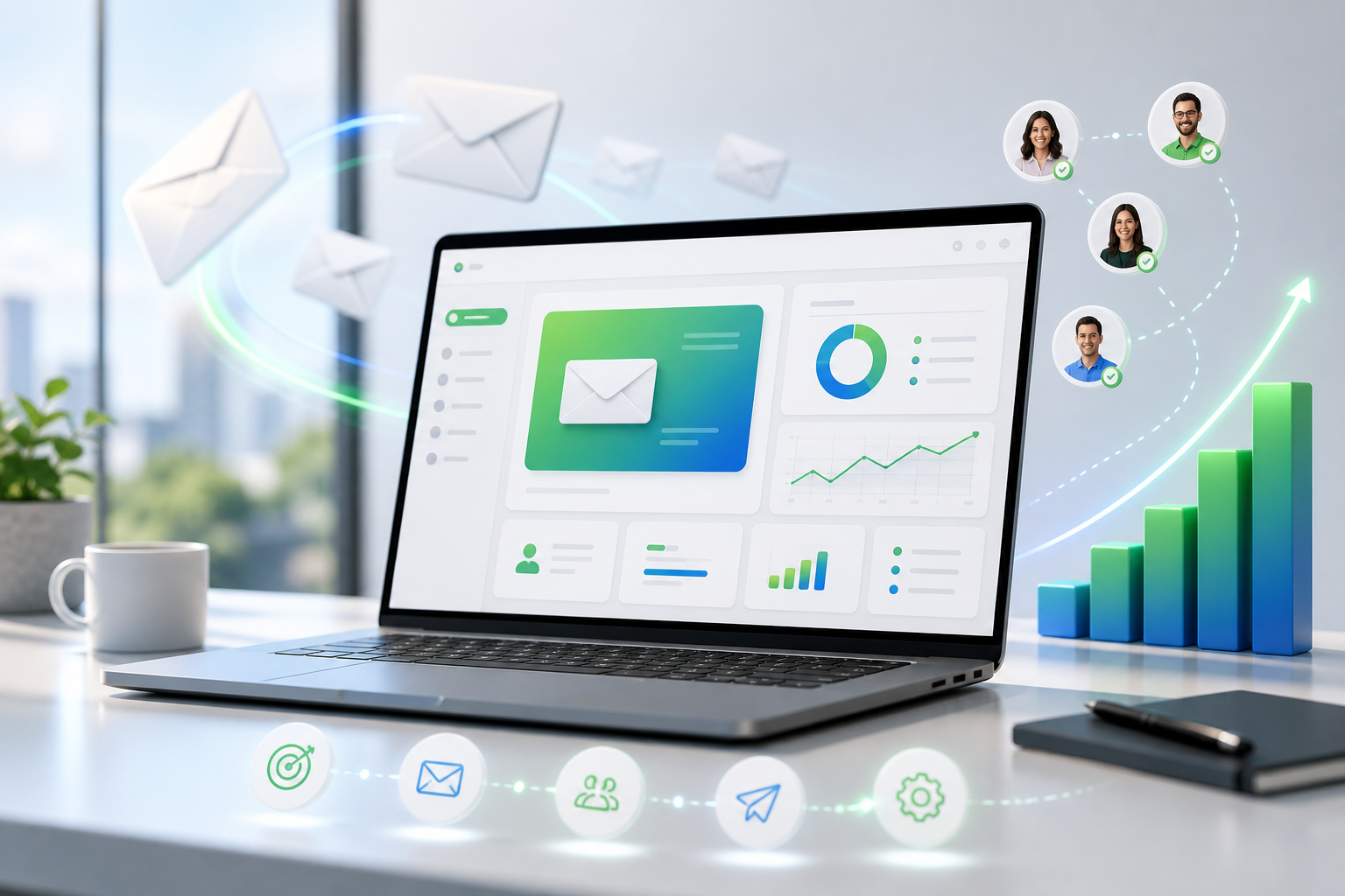 Painel moderno de campanha de e-mail marketing com gráficos, envelopes e indicadores de crescimento.
